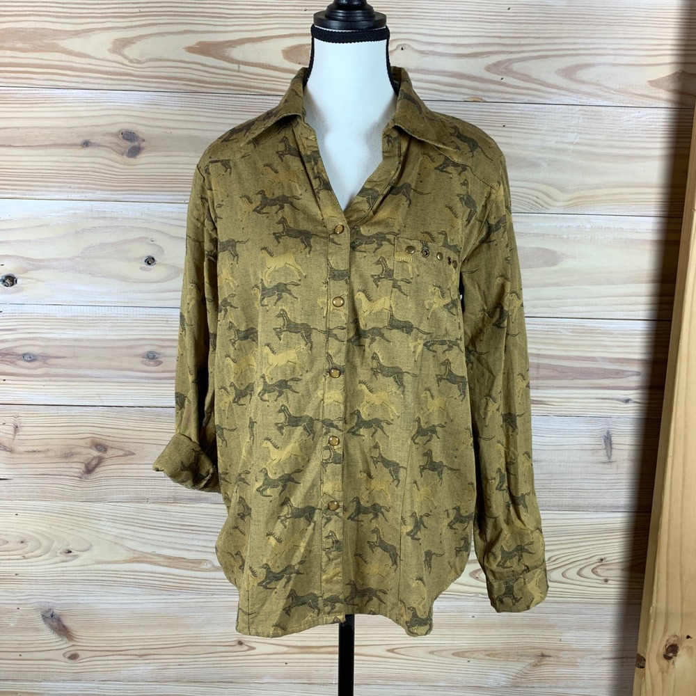 Keren Hart Button Down Women M Mustard Horse Print Equestrian Western Shirt